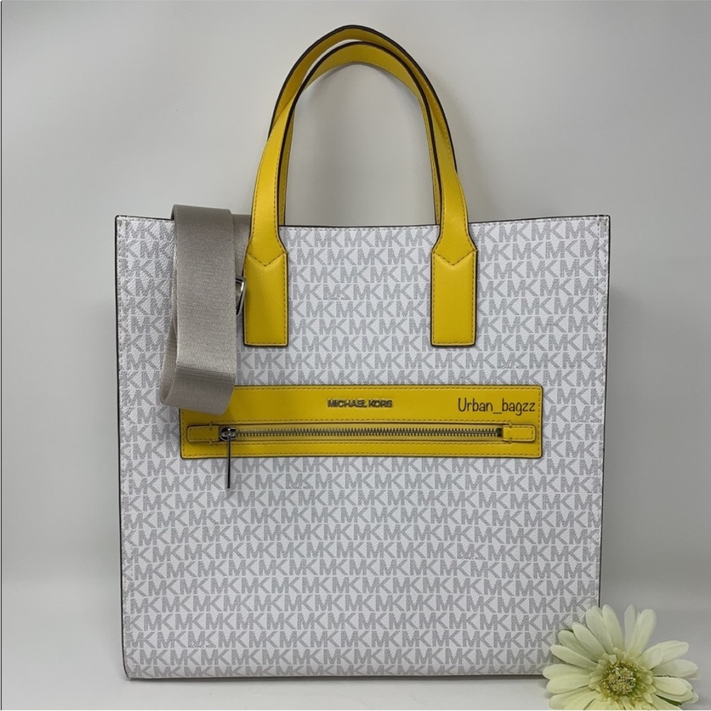 Michael Kors Kenly Large North South Tote White MK Signature Citrus Yellow - Picture 4 of 10